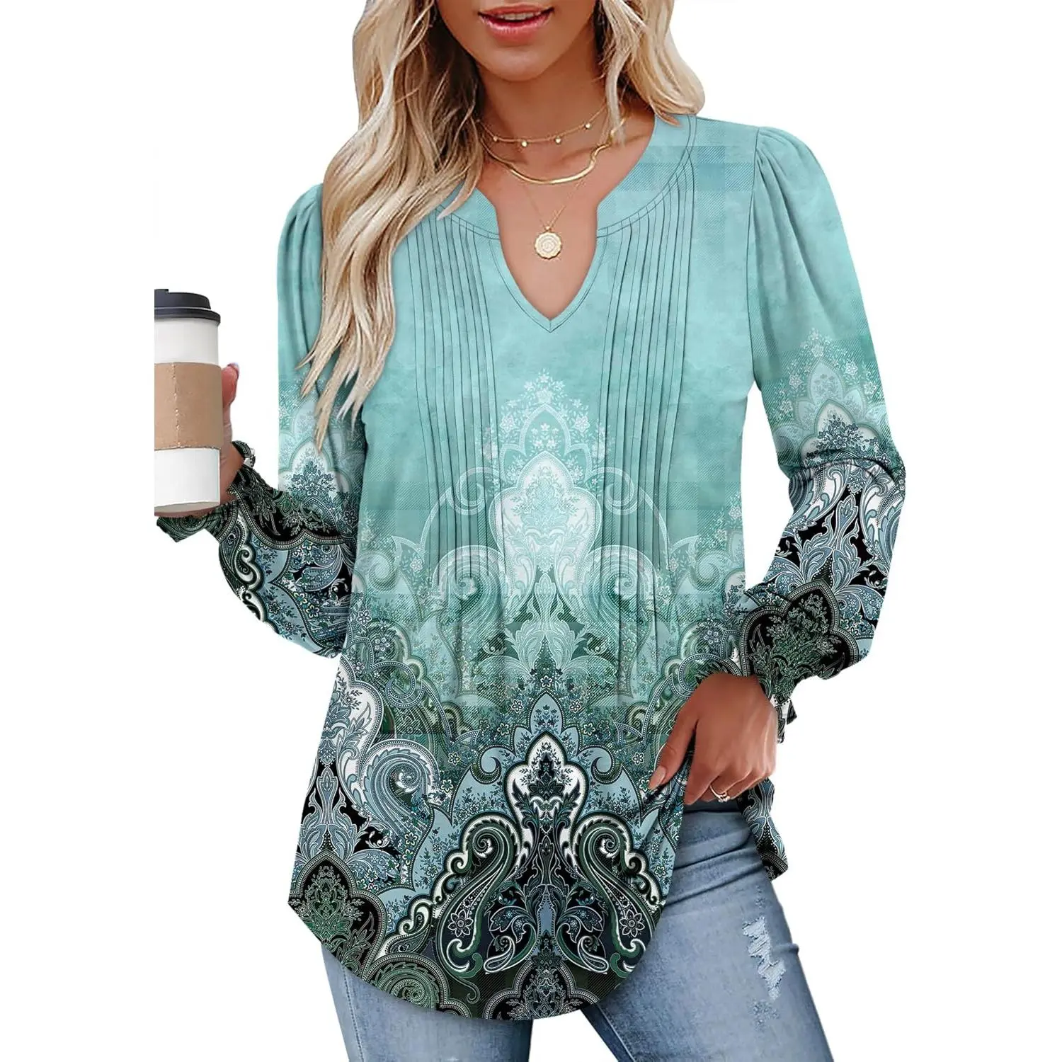 Onlypuff Long Sleeve Shirts for Women Fall Tops Dressy Blouses Pleated V Neck Tunic Tops for Leggings S-3XL