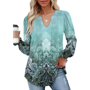 Onlypuff Long Sleeve Shirts for Women Fall Tops Dressy Blouses Pleated V Neck Tunic Tops for Leggings S-3XL