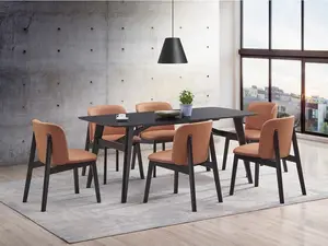 Acme DN02366-7PC 7 pc Eliora black finish wood mid century modern dining table set camel colored chairs