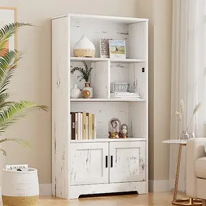 [TOP RATED - FLASH SALE] Garvee Bookcase with Doors White Bookshelf with LED Lights Modern Storage Rack Wood Standing Bookshelves Large Display Shelf Unique Book Shelf for Bedroom, Living Room, Home Office