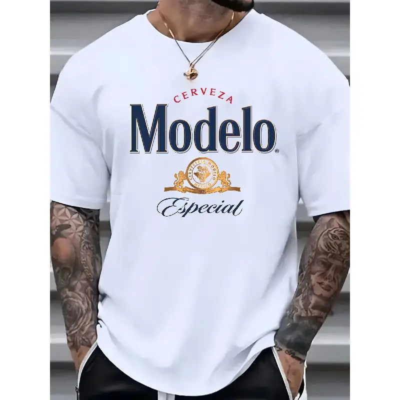 Modelo Men`s Premium Cotton T-Shirt - Casual Crew Neck, Short Sleeve with Unique Print Design, Breathable & Machine Washable - White