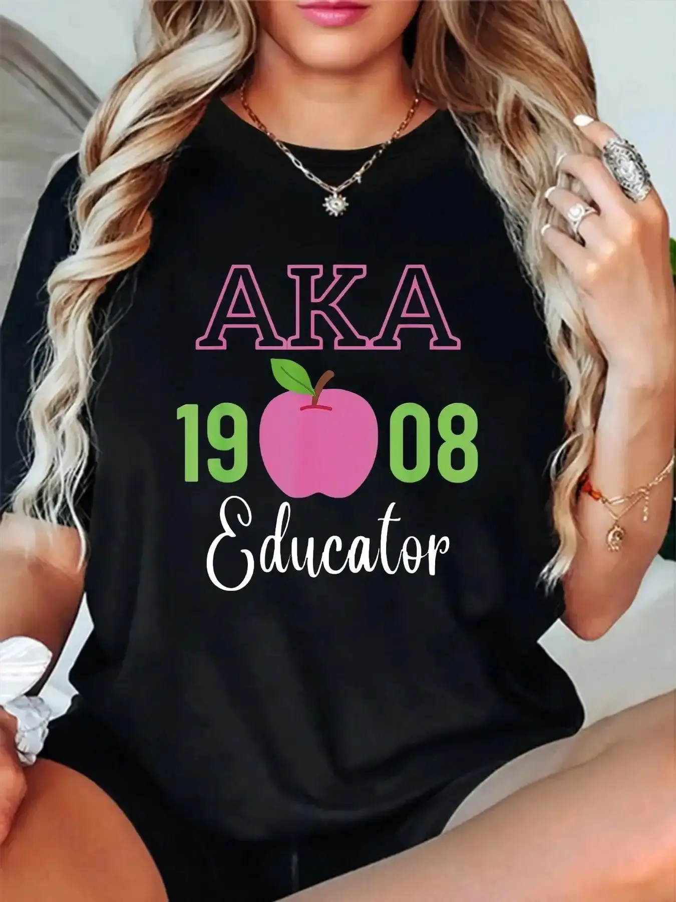 Aka 1908 Letter Print Round Neck Short Sleeve T-Shirt For Women Casual, Summer , Women Top Graphic Tees Women Tops