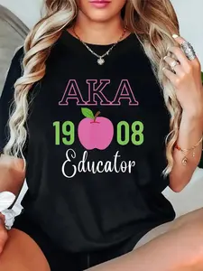 Aka 1908 Letter Print Round Neck Short Sleeve T-Shirt For Women Casual, Summer , Women Top Graphic Tees Women Tops