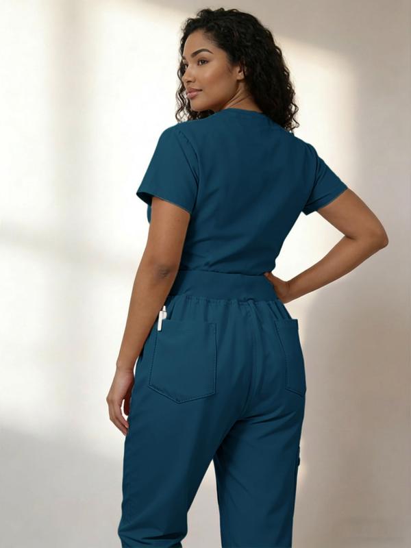 Women's Medical Scrubs Set, Anti-Pilling Breathable Multi-Pocket Top and Side Zip Joggers Pants, Hospital Clinic Spa Use