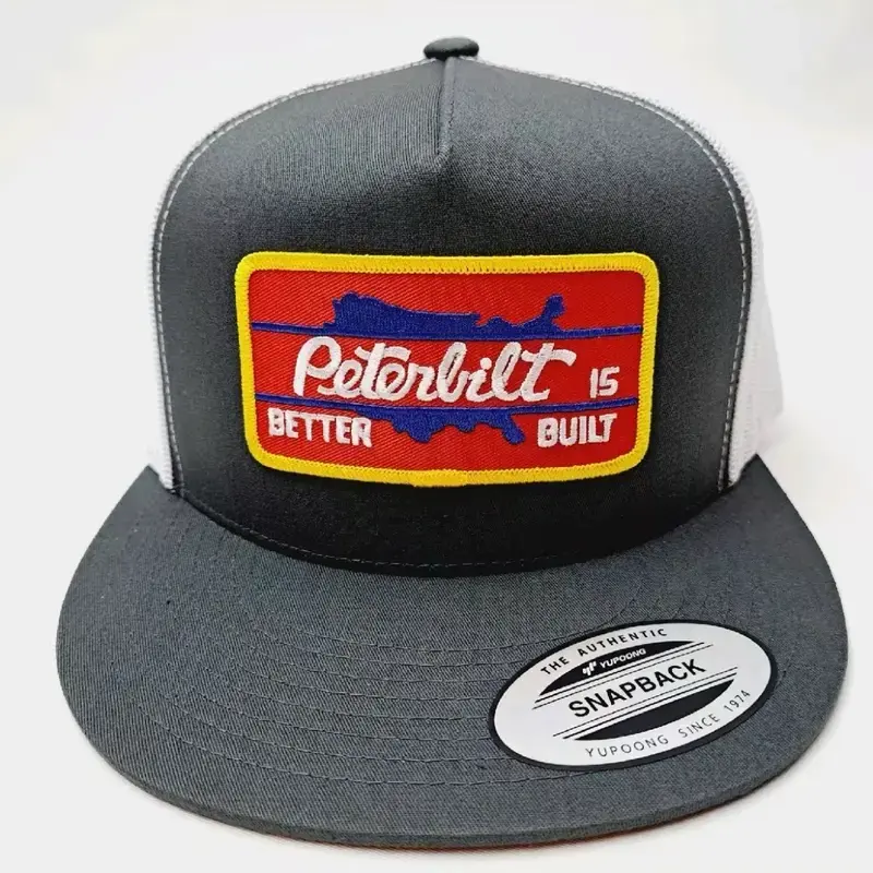 [ Best 2026 ] Peterbilt Embroidered Patch Flat Bill Trucker Mesh Snapback Cap Hat Gray & White