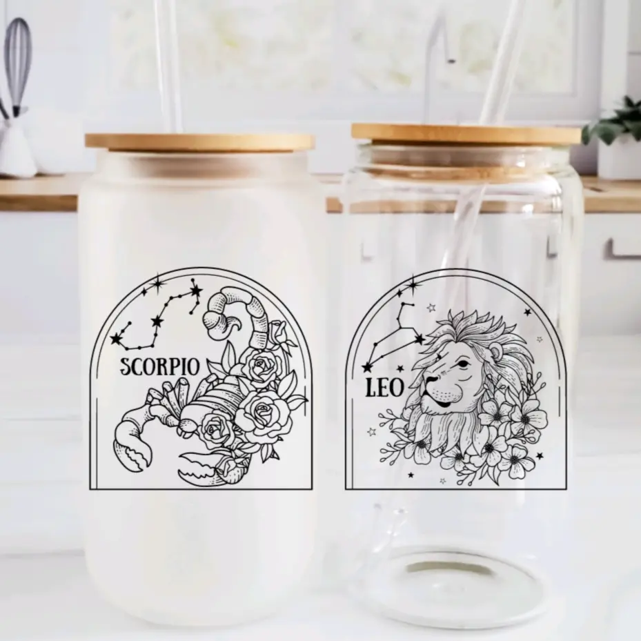 Zodiac Constellation Glass Cup with Bamboo Lid and Reusable Straw - 16oz Clear or Frosted Drinkware