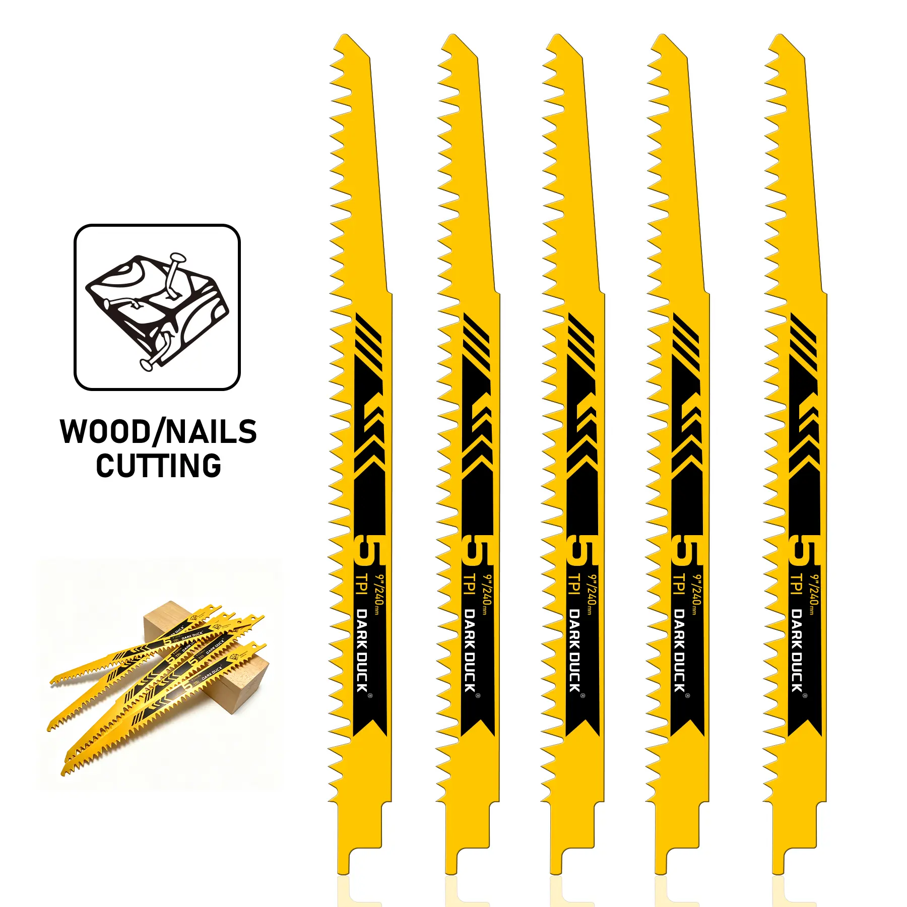 DARK DUCK 5-Pack 9-Inch (240mm) Reciprocating Saw Blades, 5 TPI HCS Wood Cutting Saw Blades, Specially Designed for Fast Wood Cutting, Pruning & Wood with Nails, Sharp & Durable