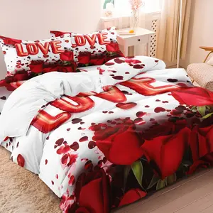 3pcs Romantic Red Roses Love Balloons Duvet Cover Romantic Bedding Set Queen Size Bedroom Decor Four Seasons, Festival Gift Decorative Duvet Cover Bed Sets (1 Duvet Cover + 2 Pillowcase No Comforter, No Pillow Core)