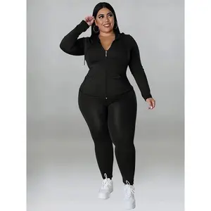 ??Plus Size?? Basic Solid Zip Up Hooded Top & Skinny Pants Set, Longsleeves Hooded Outerwear & Trousers for Women, Christmas and New Year Outfits for Spring & Fall, Minimalist Clothing Sets for Lady, Chic Womenswear, Two Piece Set Women