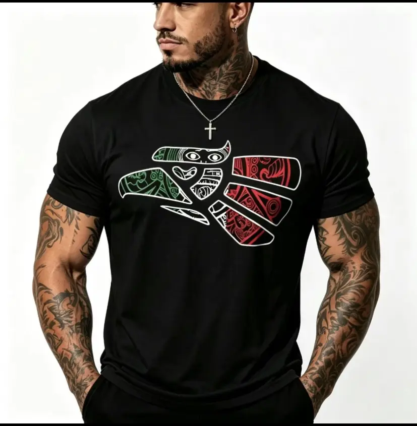 Latino Heritage Cotton T-shirt Featuring Green White Red Mexico Eagle Tribal Art Design with Mexico Flag Tattoo Eagle Theme for Men,Comfort Colors Cotton Women's T-shirt Men's T-shirt