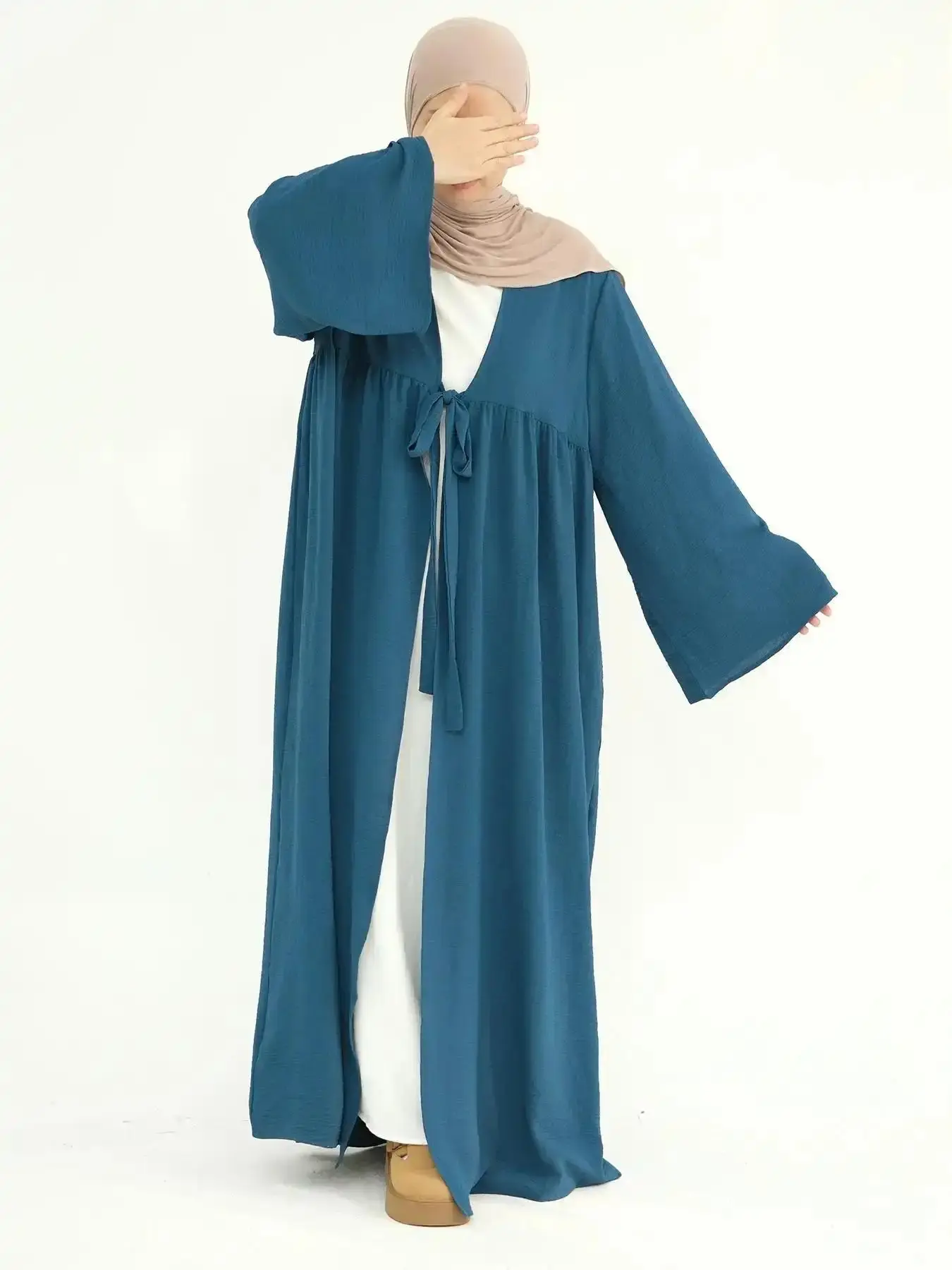 Women's Modern Solid Color Tie Front Open Abaya Plain Style, Modesty Modest Casual Long Sleeve Robe for Daily Wear, Ladies Islamic Clothing for All Seasons, Muslim Outfits, Comfort Fit, Streetwear Day, modest elegance
