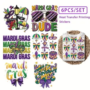 6 Pcs Happy Mardi Gras Theme Iron on Patches DIY Washable Heat Transfer Stickers for Clothes Backpacks Fashion Decor Accessories