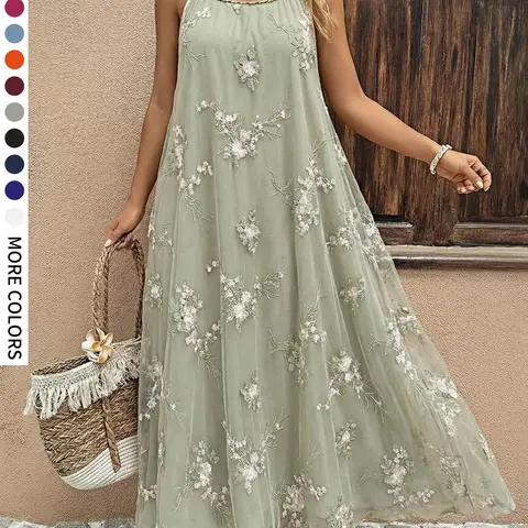 Women's Loose-Fitting Sleeveless Spaghetti Strap Casual Boho Chic Dress, Elegant Chic Embroidered Design, Perfect for Daily Wear & Special Occasions, Comfortable Fit, Embroidery, Boho Long Dress, Boho Fashion