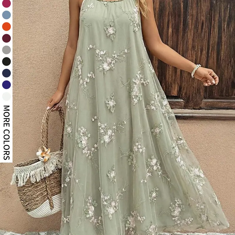 Women's Loose-Fitting Sleeveless Spaghetti Strap Casual Boho Chic Dress, Elegant Chic Embroidered Design, Perfect for Daily Wear & Special Occasions, Comfortable Fit, Embroidery, Boho Long Dress, Boho Fashion