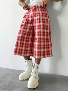 Men's Summer Retro Wide Leg Plaid Pants, High Waist Button Fly Casual Loose Fit, Breathable Street Style, Business Beachwear