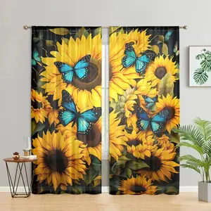 Sunflower Pattern Door Curtain, 2 Counts Farm and Barn Theme Door Curtain, Translucent Privacy Curtain for Bedroom, Living Room, Kitchen, Bathroom