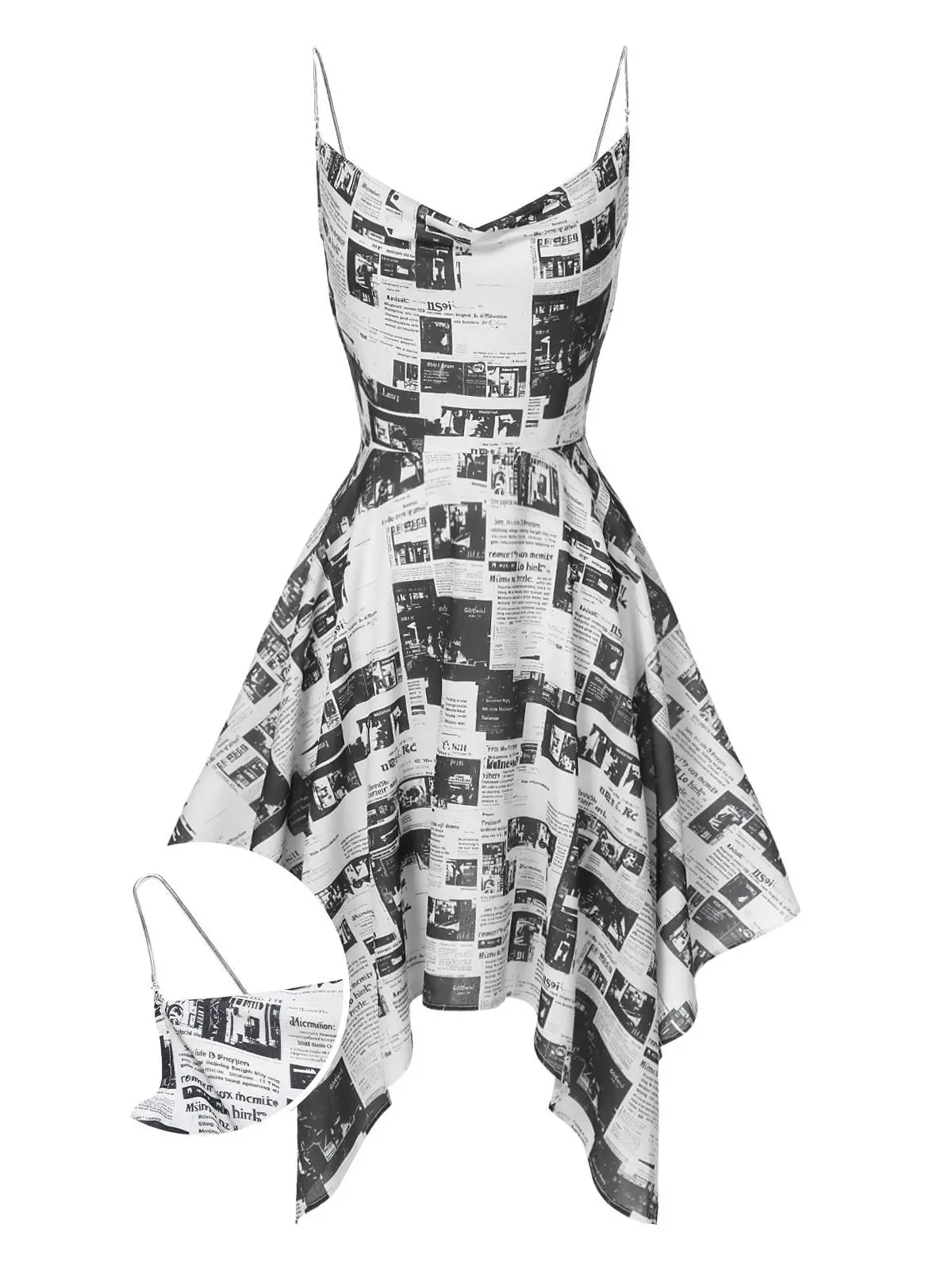 Gray 1970s Spaghetti Straps Cowl Neck Newspaper Dresssummer outfits beach essentials vacation outfits Casual Boho Elegant BackToSchool Sohochic Fall Dresses Fall outfits Fall fashion