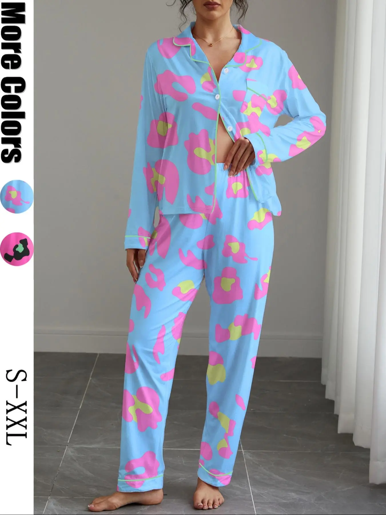 Women's Leopard Print Pajama Set Pjs, Stretchy Autumn Winter Casual Homewear Sleepwear Loungewear, Long Sleeve Shirt Collar Top & Elastic Pants, Soft Stretch Fabric, Outfit
