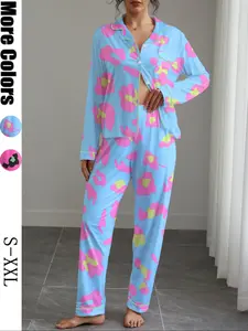 Women's Leopard Print Pajama Set, Autumn Winter Sleepwear, Long Sleeve Shirt Collar Top & Elastic Pants, Soft Stretch Fabric