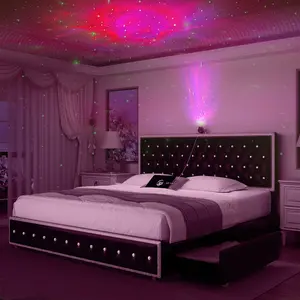 Queen LED Bed Frame with Galaxy Projector, Bluetooth Speakers, USB Charging, 4 Storage Drawers, Velvet Upholstery, No Box Spring Needed