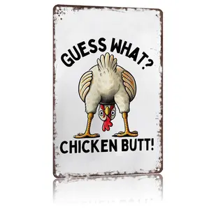 Funny Chicken "Guess What? Chicken Butt!" - 8x12 Inch Aluminum Metal Sign,Humorous Wall Decor for Kitchen, Farmhouse, Chicken Coop, Dorm Room - Retro Tin Sign Gift
