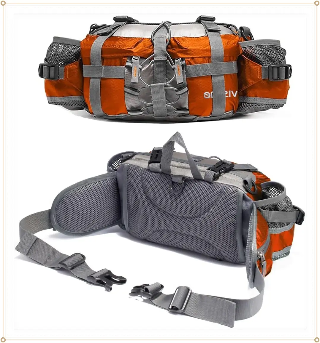 Outdoor Fanny Pack Hiking Camping Biking Waterproof Waist Pack 2 Water Bottle Holder Sports Bag for Women and Men Orange | Medium-Large 11x5x6", Hold Up to 25oz Water Bottle, 3 Way to Wear, 7 Pockets, Breathable Mesh, Fits 28-50 Inch WaistGift