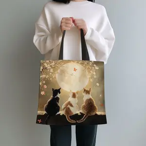 1 Pc Chic Kitten Print Tote Bag, Three Cats In The Night  - Spacious & Durable, Ideal for Shopping & Gifts Reusable Grocery Bag Shopping, Fashionable Patterned Bag, Casual Shopping Bag