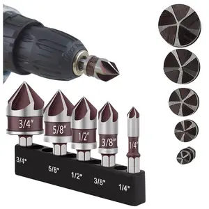 5-Piece Set 82 Degree Hss Slot Drill Bits, Fits Wood Metal Plastic, Sizes 1/4''-3/4'', Hex Shank Included, No Assembly Required