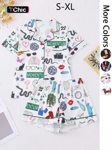 Women's All Over Print Crop Top & Shorts Pyjama Two-piece Set, Casual Comfy Short Sleeve Lapel Neckline Top & Shorts PJ Set, Ladies Summer Sleepwear, Pajamas Lounge Set