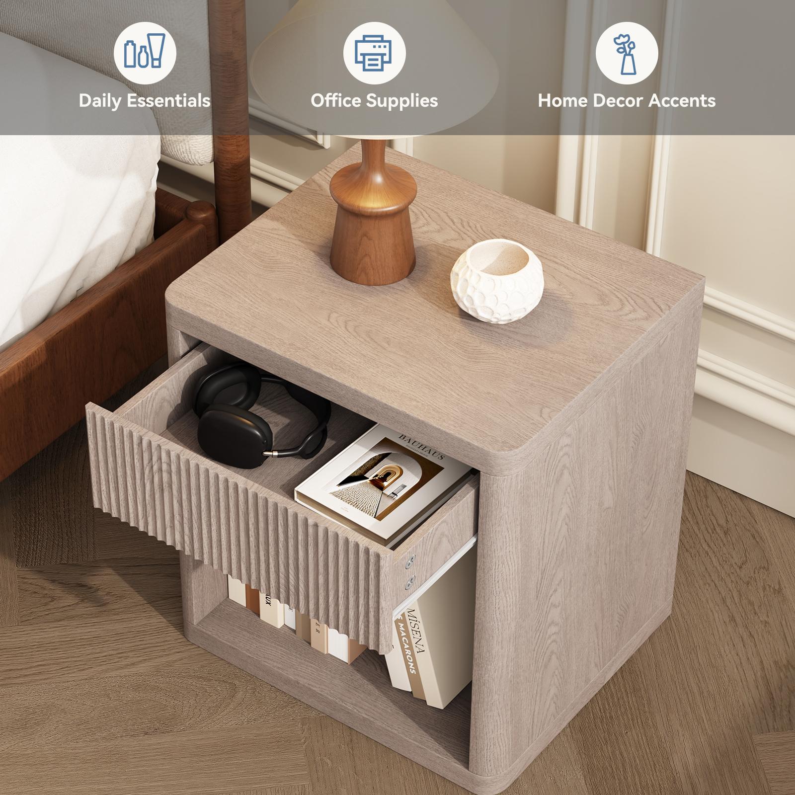 Mid-Century Modern Fluted Nightstand - 1-Drawer, 37mm Thick Body, 15 lbs Capacity, Durable Strong Construction, Open Shelf, Spacious Top, Particle Board Panel, Compact Indoor Bedroom Bedside Table Drawers for Small Spaces Mid-Century Modern Fluted Nightstand - 1-Drawer, 37mm Thick Body, 15 lbs Capacity, Durable Strong Construction, Open Shelf, Spacious Top, Particle Board Panel, Compact Indoor Bedroom Bedside Table Drawers for Small Spaces