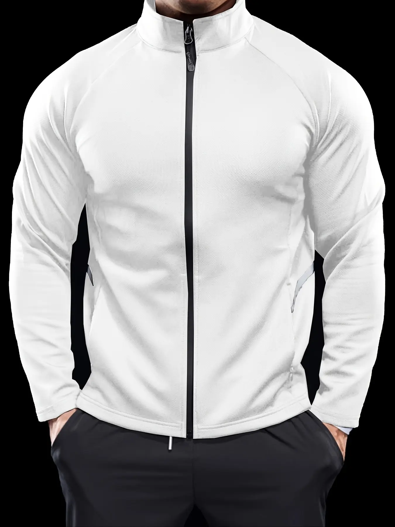 Men’s full-zip stand collar athletic jacket, slim-fit long-sleeve outerwear for fitness, running, and track & field; lightweight gym training jacket