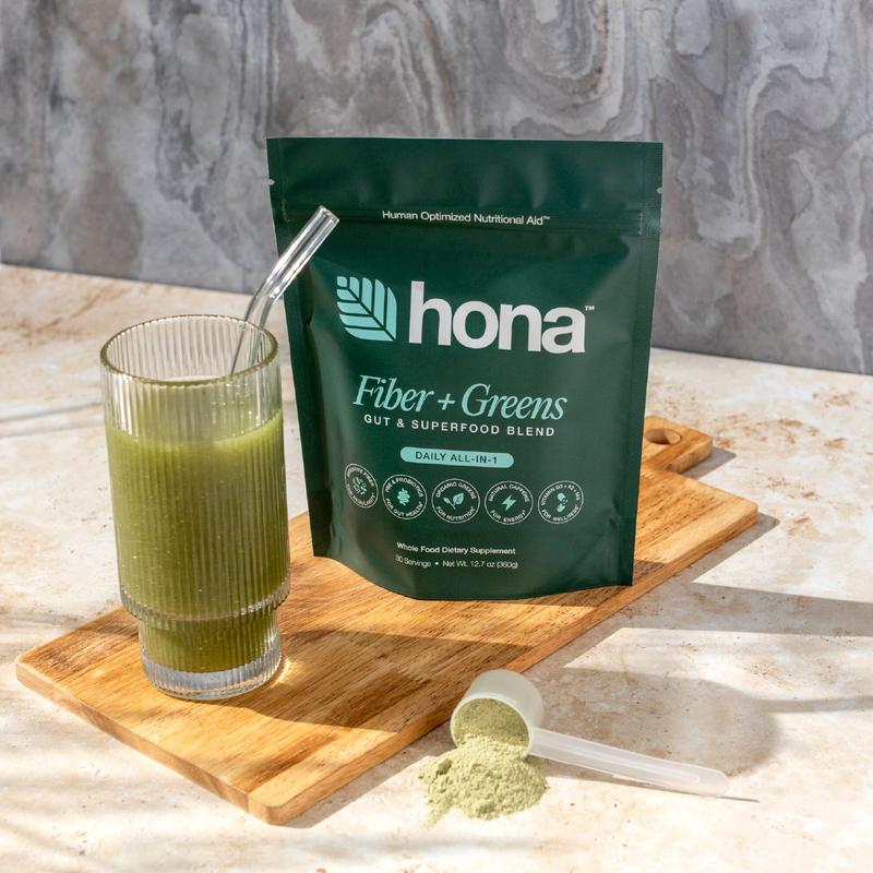 Hona Fiber + Greens – 8g of Fiber Per Serving to Promote Digestive Regularity, Reduce Bloating, and Support a Healthy Gut Microbiome - Enhanced with Pre & Probiotics, Chlorophyll, and Super Greens for Clean Energy, Immune Support, and Daily Vitality