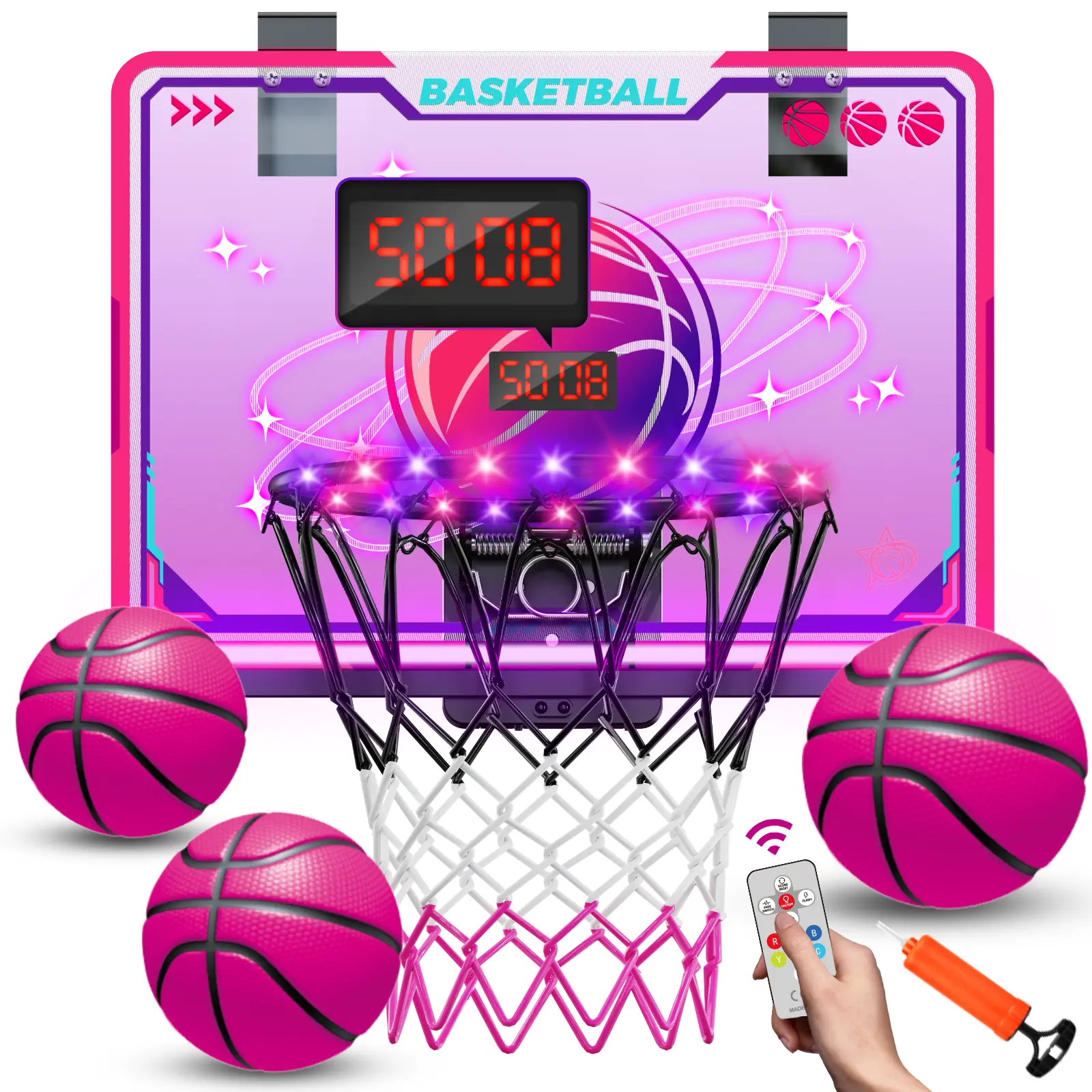 VATOS Basketball Hoop for Girls Indoor, LED Basketball Hoop with 7 Color Lights, Glowing Rim, Scoreboard & Remote Controller, Basketball Set Sports Toys Birthday Gifts for Girls Kids Teens 5-12