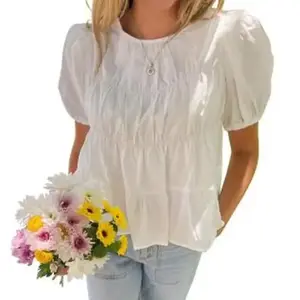 Tankaneo Womens Puff Sleeve Peplum Babydoll Tops Summer Smoked Pleated Cotton T-Shirts Casual Loose Fit Flowy Blouse