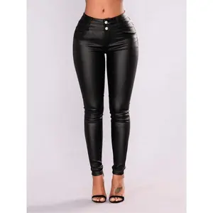 Women’s PU-coated high-waisted skinny pants, stretchy faux leather look skinny pants, everyday casual fashion GARMENTARY