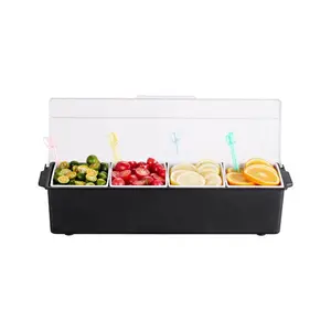 VEVOR Chilled Condiment Server, 4 Compartment Ice Cooled Condiment Serving Container, Chilled Garnish Tray Bar Caddy with Lid, for Bartending Serving Taco, Salad, Fruit, Home Restaurant Supplies