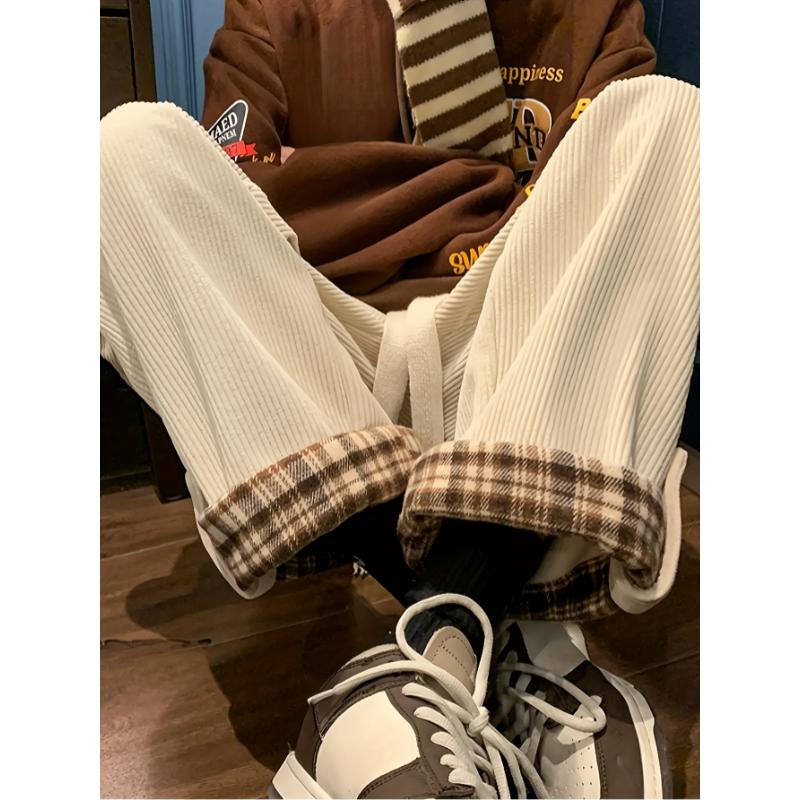 Fashion men's wear: Men's Casual Corduroy-Textured Wide-Leg Pants with Plaid Contrast Cuffs - Beige & Brown All-Season Straight-Leg Trousers, Machine Washable for Casual Attire
