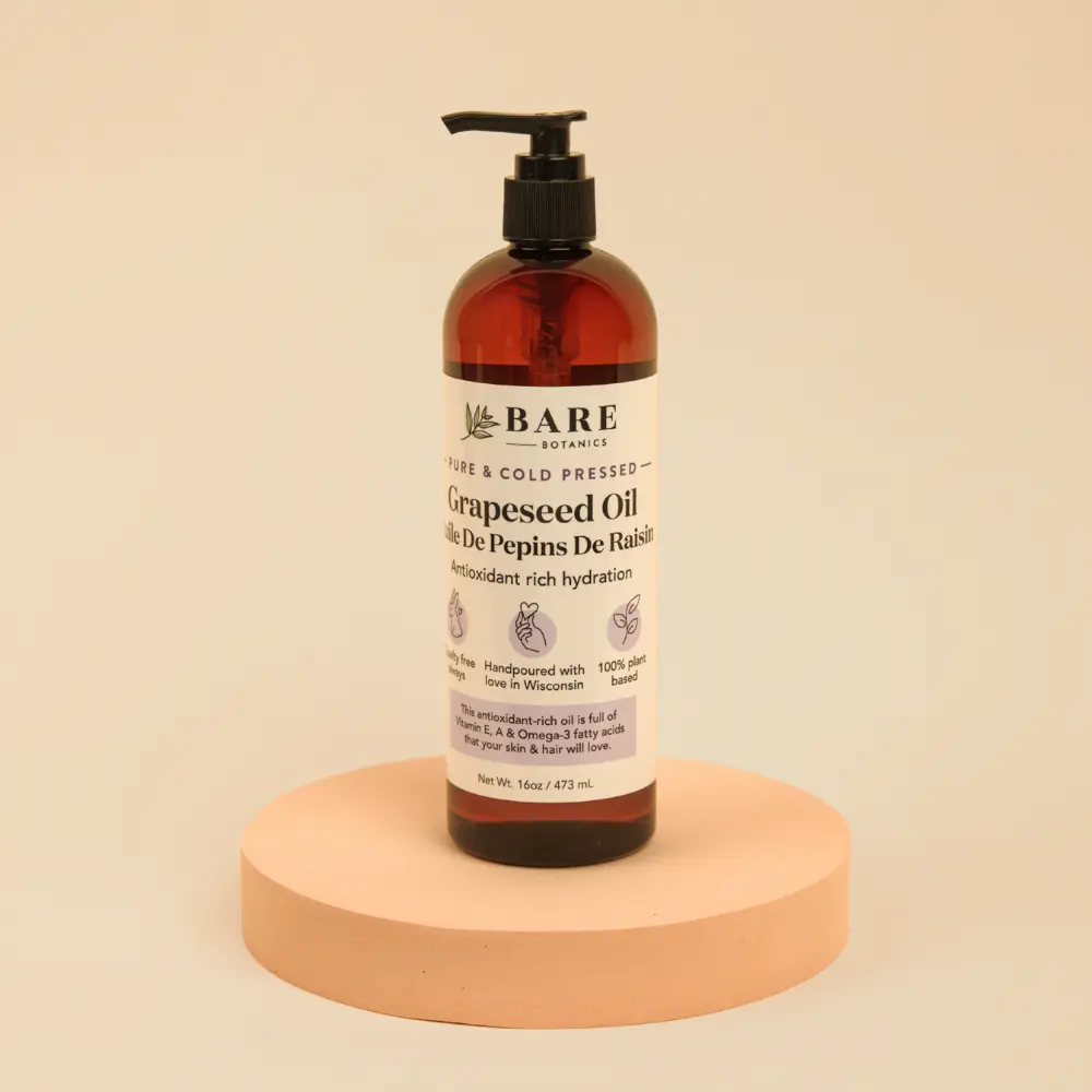 Bare Botanics 100% Pure Grapeseed Body Oil, 16 oz Cold Pressed & Natural, Multipurpose Carrier Oil for Skin, Hair & Body, Lightweight Hydrating Moisturizer for Dry Skin, Vegan & Cruelty-Free