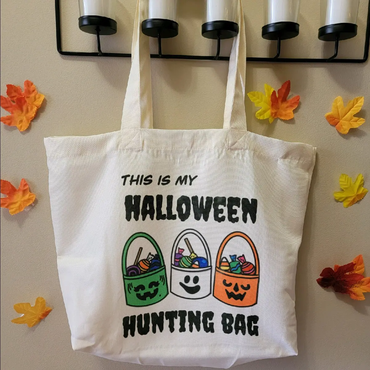 Women's Reusable Tote Bag - Spooky McBuckets Graphic, 1” Wide Dual Straps Double Handle, High-Capacity Foldable Polyester Canvas Bag for Halloween Trick-or-Treating & Shopping, Sturdy Lightweight