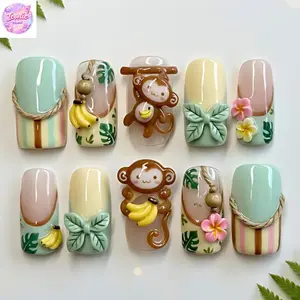 Cute Monkey Banana Tropical Press On Nails, handmade 3D gel nails with pastel leaves bow detail, reusable custom size kawaii set for summer vibes