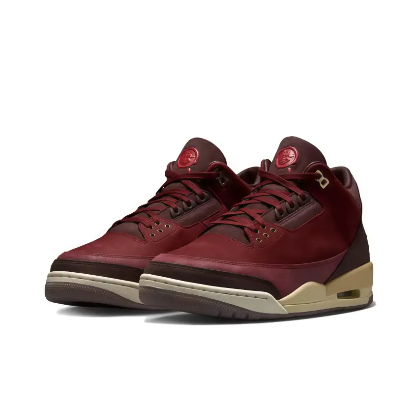 Air Jordan 3 Retro SE Deep Burgundy Basketball Sneakers features premium deep burgundy suede upper with multi-tone red-brown panels and creamy midsole.