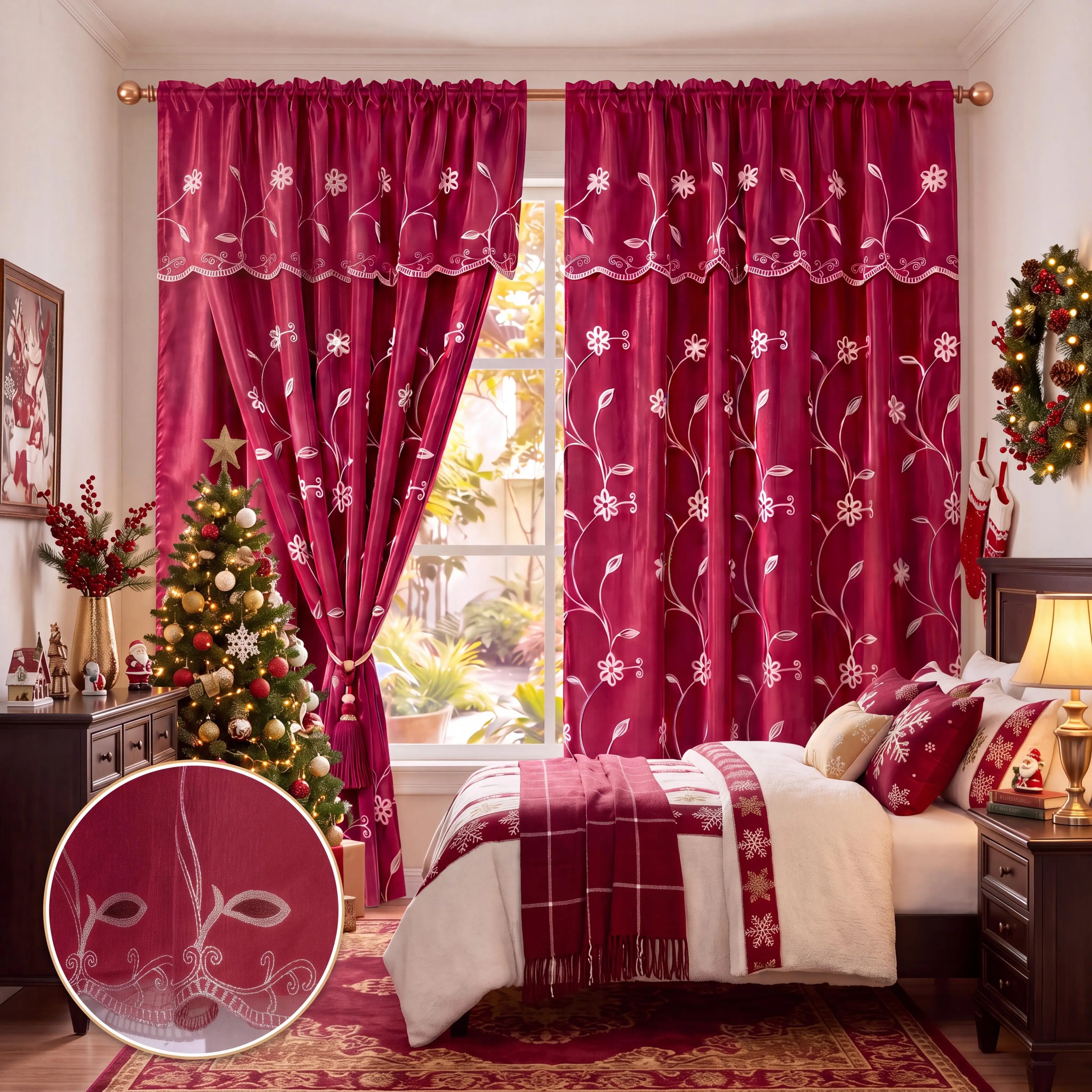 OPULENT CURTAIN Embroidered Double Layer Room Darkening Curtains (2-Panels), Rod Pocket Drapery Style, Floral Vine Embroidered Satin Lining Room Darkening Window Curtains, Curtains for Bedroom, House Decor, QF29