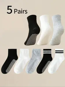 5 Pairs Kids Crew Socks, Unisex Anti-Slip Grip, Pure Color Mid-Calf Socks, Yoga & Indoor Cooling, Comfortable Soft Material