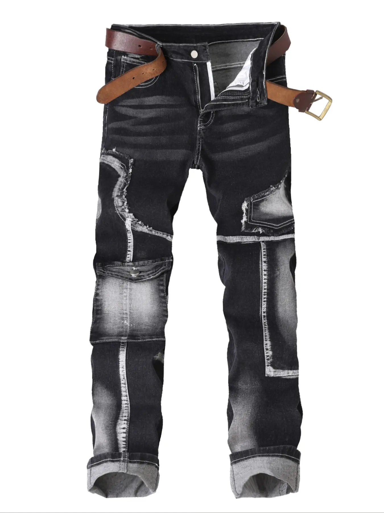 New Motorcycle Style Biker Zipper Vintage Distressed Patchwork Casual Ripped Denim Jeans, Fashionable Fitted Comfort Fit, Casual Daily Wear, Trendy Multifunctional Design, Ripped Denim Pants