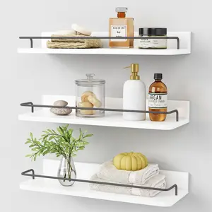 White Floating Shelves Bathroom Shelves Over Toilet Set of 3, Bathroom Organizers and Storage Shelves Wall Mounted, Modern Wood Corner Wall Shelf for Bedroom Closet