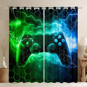 Green Gamer Window Curtains,Honeycomb Gaming Blankout Curtains,Lightning Gamepad Darkening Drapes,Game Window Treatment(2 Panels,52 x 63 Inch)