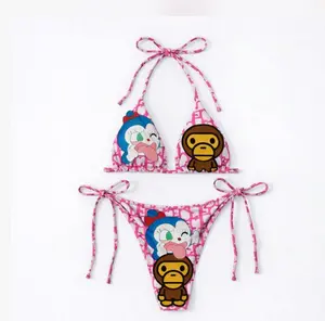 Playful Pink Graphic Monkey Print Bikini