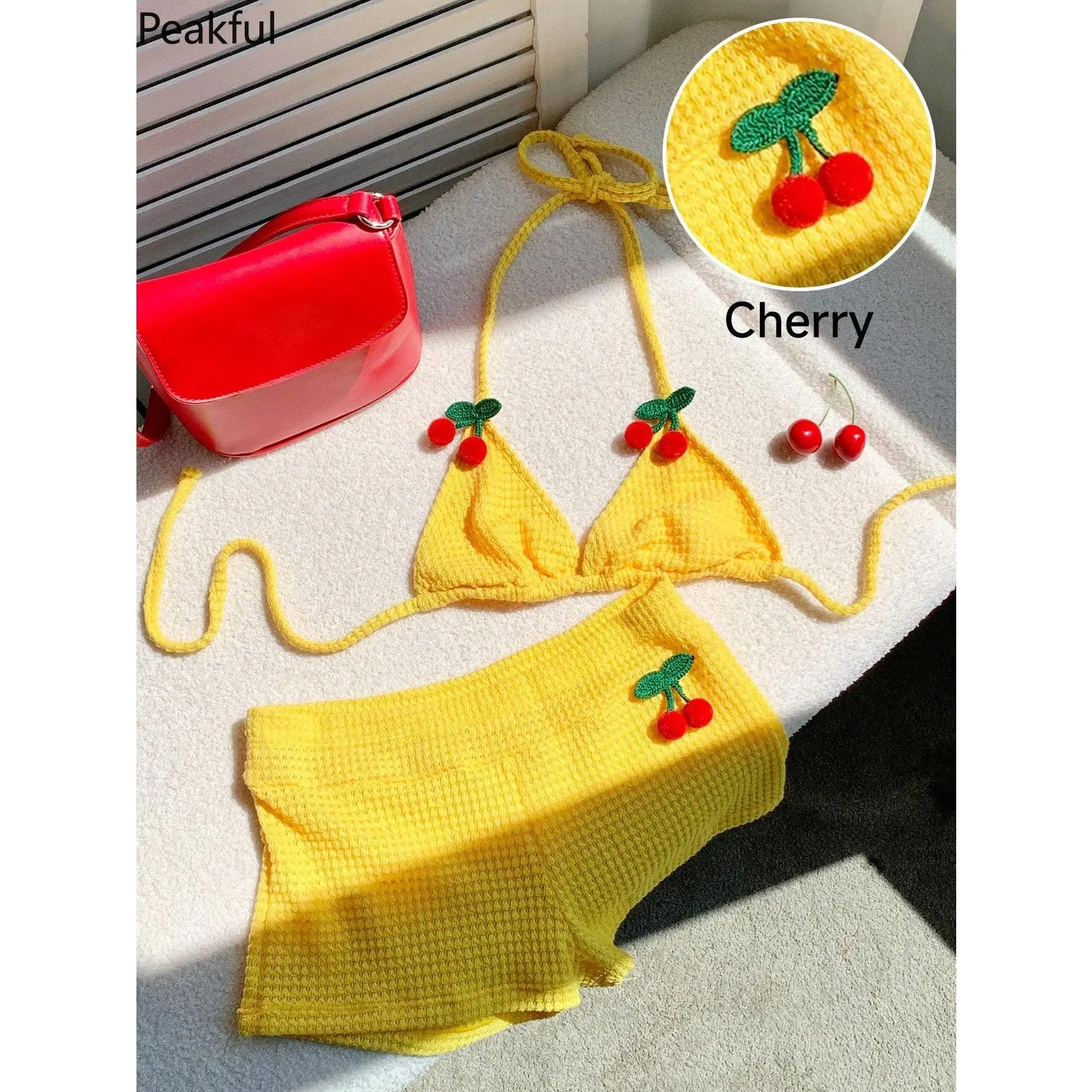 Women's Cherry Decor Vacation Set Crochet Halter Neck Top & Shorts for Vacation Wear Cute Kawaii Swimsuit for Beach Trips & Summer Adventures