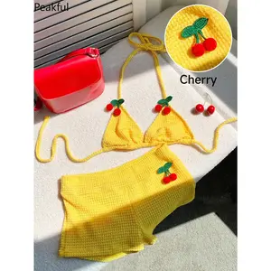 Women's Cherry Decor Vacation Set Crochet Halter Neck Top & Shorts for Vacation Wear Cute Kawaii Swimsuit for Beach Trips & Summer Adventures