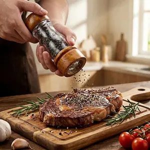 Wood Pepper Grinder Mill, 6.3 Inch Acrylic Sea Salt Shaker with Adjustable Coarseness, Refillable Manual Ceramic Core Spice Crusher for Kitchen Cooking, BBQ, Table Setting